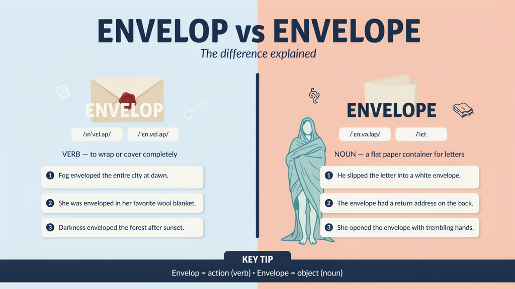 Envelop vs Envelope , the difference (spelling pronunciation meaning & examples)?